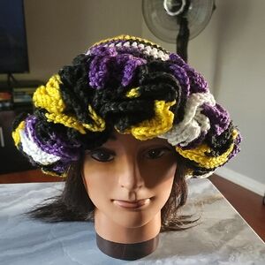 Crochet Ruffle Beanie Yellow, Purple, Black, And White